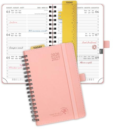 POPRUN Taschenkalender 2026 2027 Kalender A6 Spiralbuch mit Softcover | (Aug,2026-Dez,2027),1 Woche 2 Seite,ca,A6(15,6 x 10cm),Terminplaner 2026 2027,Wochenplaner,mit Plastiklineal(Rosa)