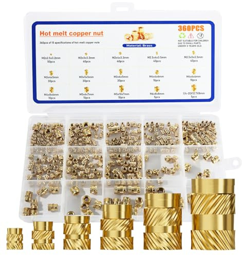 360 Stück Gewindeeinsatz Set - Einschmelzgewinde M2 M2.5 M3 M4 M5 M6 1/4-20, Brass Einpressmuttern丨3D Druck Zubehör, Gewindehülse für 3d Printer