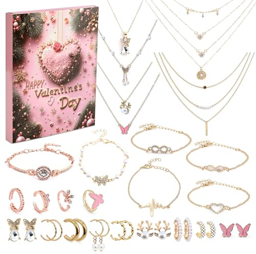 ASSRECT Adventskalender Schmuck 2026, Valentinstag Countdown 24 Überraschungen, Armband Ringe Halskette Schmuckset, Überraschungsgeschenke für Tochter Freundin Frau Mutter