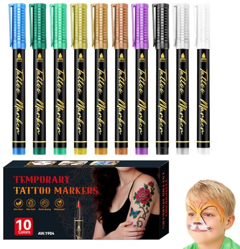 Horuili® Glitzer Tattoo Stifte Set, 10 Stück Dual-End, Temporäre DIY Körperbemalung für Gesicht & Körper, Sicher & Wasserdicht