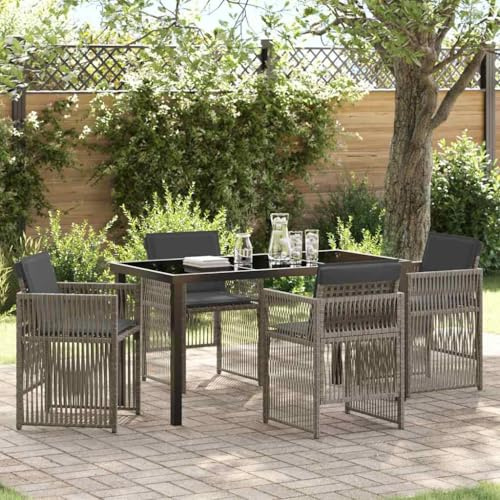 Mandloder Garten Essgruppe 5-teilig, Grau Poly Rattan, Klappbare Stühle, Glastisch, Outdoor Möbel Set für Terrasse, Balkon, Essbereich