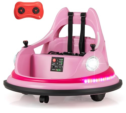 COSTWAY 12 V Kinder Autoscooter 360° drehbar, 2 in 1 Elektro Bumper Car mit 2 Fahrmodi, Kinderauto mit Fernbedienung, LED-Lichtern & Musik, Elektrofahrzeug für Kinder ab 3 Jahren (Rosa)