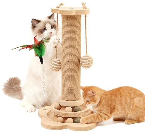 Petit arbre à chat, 25 x 50 cm, en sisal naturel et bois, jouet interactif avec balles suspendues, jouet en plumes, auto-occupation, tronc à griffer, jouets pour chat d'intérieur