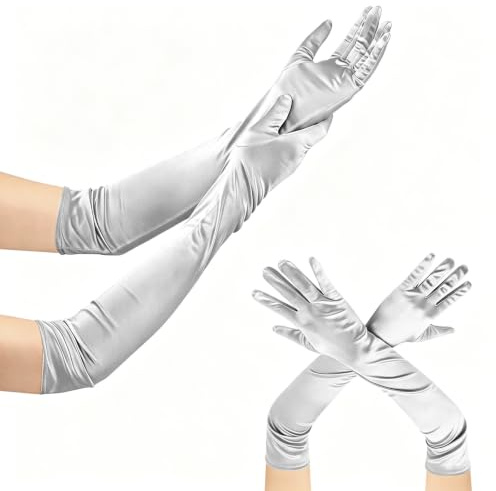 ztowoto Elegante Schwarze Handschuhe Satin-Frauen Lange Handschuhe Schwarz Daumenloch, Abendhandschuhe 1920s FüR Oper Abend Party Tanz Hochzeit Prom(Ein Paar-Silber)