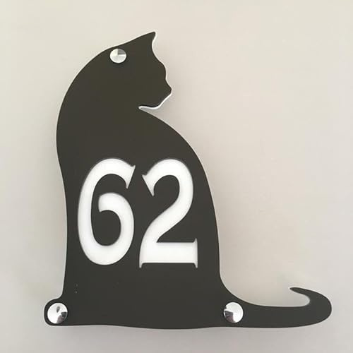 Hausnummernschild mit Katzen-Motiv, Mokka-Braun und Weiß, matt, 24 x 21 cm, Buchschrift