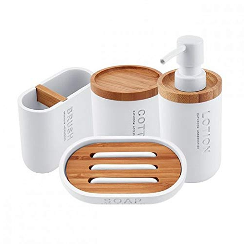 Nimco Kora 4 teiliges Badezimmer-Set inkl. Seifenspender, Seifenunterlage, Tamponspender und Zahnbürstenhalterung aus Bambusholz in der weißer Farbe - 270 ml Spender für das Bad