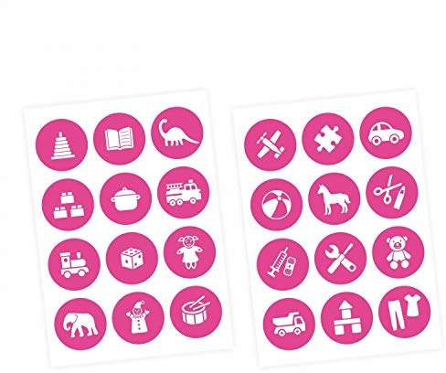 nikima Schönes für Kinder Möbelaufkleber Ordnungssticker für Spielzeug Weiss/PINK - Möbelfolie Kinderzimmer, Ordnung Lernen, Aufbewahrung, Ordnungssystem