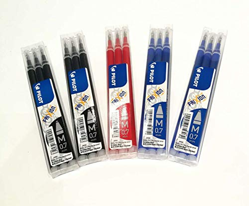 PILOT [5 Pack] Frixion Ball Clicker Refill,Charges 0.7 mm, Mixed Colors: Black, Blue and Red,3 Sets x 5 Packs