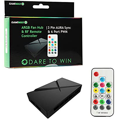 GameMax ARGB PWM Fan Hub, Powering Up To 6 Fans (3 Or 4 Pin), 3 Pin Motherboard Header, RF Remote Controller Included, 1.5cm x 9.5cm x 1.5cm, Fan Control Hub, Desktop Compatible