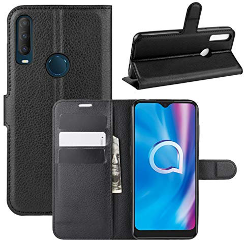 HualuBro Funda para Alcatel 1S 2020, Funda Libro de Cuero PU Premium con Tapa y Cartera Flip Cover Magnético Carcasa para Alcatel 1S 2020 Case (Negro)