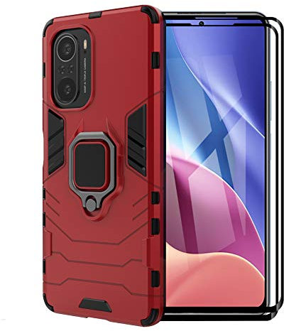 ESTH® Funda para Xiaomi Poco F3/F3 Pro con 2 Piezas Protector de Pantalla, Giratorio Soporte de 360°, Compatible con Soporte Magnético para Coche, Carcasa Rojo