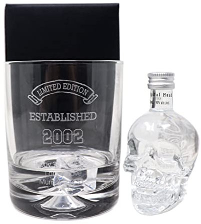 Personalised Engraved Dimple Glass Tumbler & Vodka Gift Set - Established Birthday Design (Crystal Head Vodka, Cardboard Gift Box)