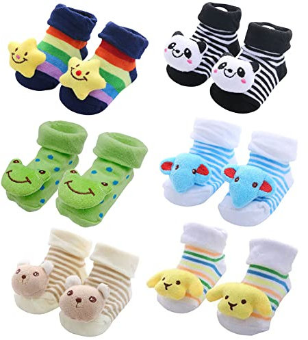 FedMois 6 Paia Calzini Antiscivolo in Cotone Bimbi Neonati 3D Animali, Bimbo, 0-9 mesi