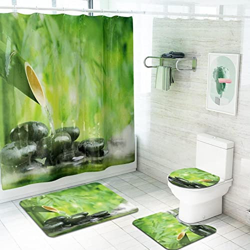 Lingquare 4 pièces Ensemble Vert Bambou Motif Tissu Rideaux de Douche Gouttes d'eau Pierres Zen Rideau de Salle de Bain Tapis antidérapants Rideaux de Bain Tapis Ensemble