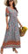 GRECERELLE Womens Summer Maxi Boho Beach Dress Floral Print Dress V Neck Short Sleeve Drawstring High Waist Flowy Long Midi Dresses (Gyro Flower Light Blue, XL)