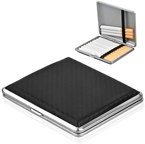 Leder Metall Zigarettenetui, 9.7 x 9.5 x 1.8cm Zigarettenschachtel Box Zigarettenbox Cigarette Case für 20 Zigaretten Tabakbox mit Gummiband und Schnappverschluss, für Hosen- und Hemdtaschen