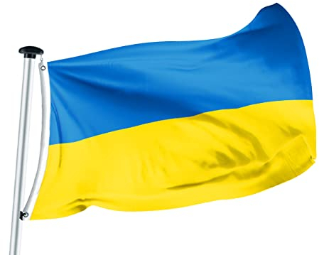 FLAGLY Premium Fahne Ukraine 100 x 150 cm - 115g/m² Stoffgewicht - handgefertigt, Robustes und witterungsbeständiges Glanzpolyester mit Ösen, Nationalfahnen (100 x 150 cm, Ukraine)