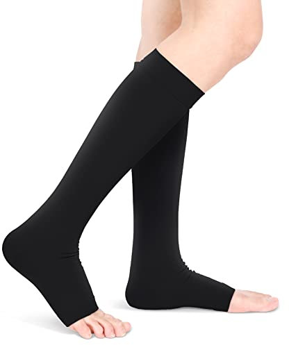 Chaussettes De Compression Bout Ouvert Pour Hommes Et Femmes, Bas De Compression Pied Ouvert, Manches à Compression De Mollet, 20-30 Mmhg, Soutien Gradué, Genou Haut, Chaussettes Contention(M-Noir)