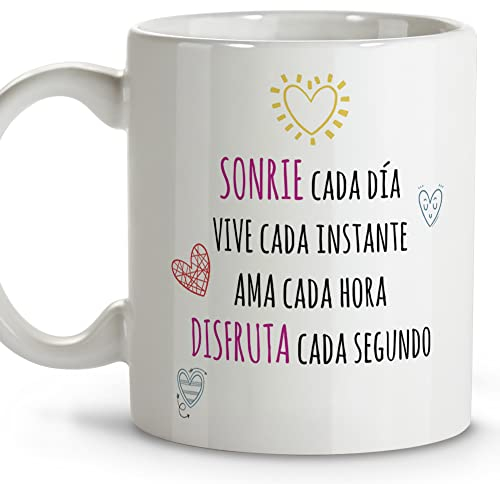 LolaPix Regalo Cumpleaños Mujer. Tazas Originales para Regalar. Regalo Amiga. Taza Cerámica. 330 ml. Sonrie y Disfruta