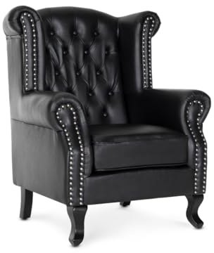 Stunning Chairs Fireside Armchair in Black Faux Leather – Elegant Wingback Design with Queen Anne Legs, High Back Wing Chair for Living Room or Bedroom, Stylish Winged Accent Chair and Snuggle Seat