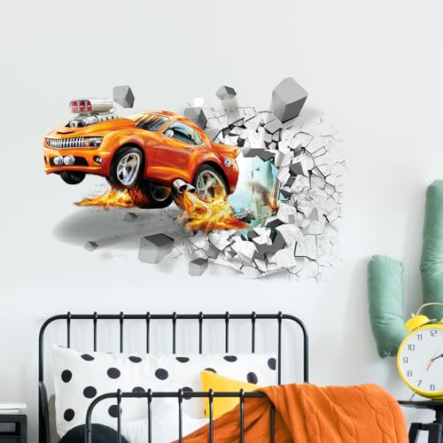 Tanlaby 3D Auto Wandtattoo Automobil Wandsticker Zerbrochene Wand Sportwagen Wandaufkleber für Jungen Babyzimmer Wohnzimmer Schlafzimmer Kinderzimmer Hause Wanddekoration