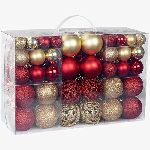 Hengsong Weihnachtskugeln Rot Gold,Weihnachtsbaumkugeln 100 Stück,∅3cm, 4cm & 6cm,Christbaumkugeln Set,Kunststoff Weihnachtskugeln Plastik für Christmas Decorations und Christbaumschmuck