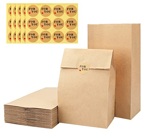 G2PLUS 50 Stück Braun Papiertüten Klein, Kraftpapier Geschenktüten, Papiersäckchen Klein 15.5x10x30CM, Tüten aus Kraftpapier mit Aufkleber, Braun Standbeutel für Geschenke, Adventskalender