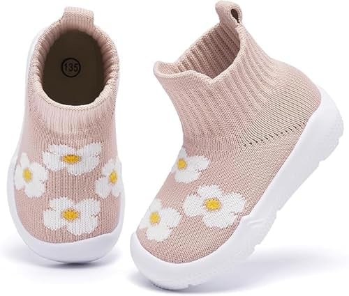 MORENDL Toddler Sock Shoes Baby Walking Shoes Infant Slippers Boys & Girls Non-Slip Sneakers Beige Flower 9-12 Months