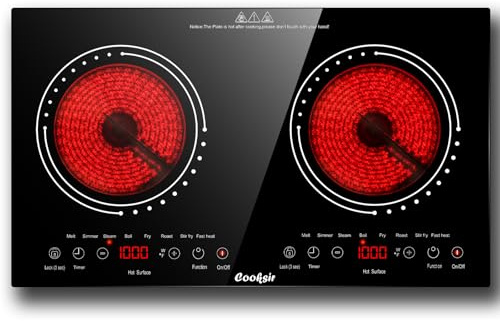 Cooksir 2 Burner Electric Cooktop - 24 Inch(23.6x 13.8) Built-in & Countertop Electric Stove Top, 120V Double Burner Ceramic Cooktop Portable with Safety Lock, Timer, Touch Control, 110V Plug in