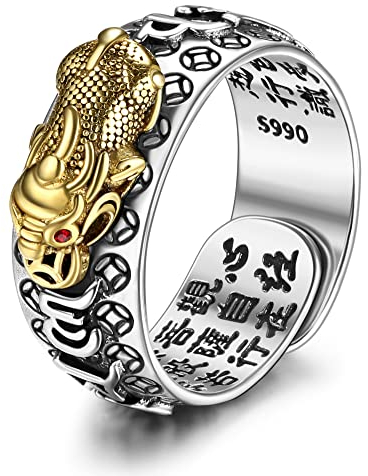 Krfy Feng Shui Pixiu Mantra Ring für Damen Herren S990 Silber Feng Shui Ring Schutz Glück Amulett Reichtum Gesundheit Buddhist Vintage Verstellbar Anillo Pixiu Ring für Frauen Männer