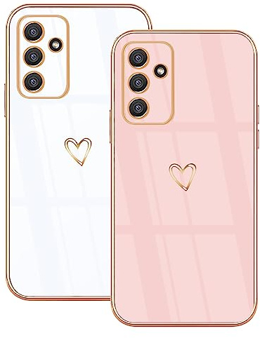 Lonrapa 2 Pezzi Cover per Samsung Galaxy A14 5G Amore Cuore Motivo Placcatura TPU Custodia per Samsung Galaxy A14 4G Silicone Morbido Fotocamera Protettiva Antiurto Case per Ragazze - Bianco e Rosa