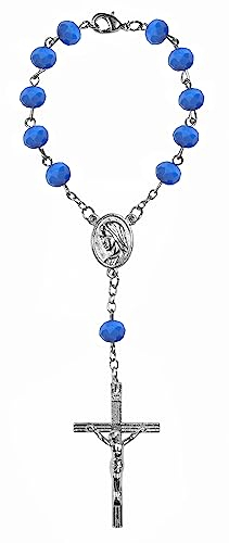 Kaltner Präsente Geschenkidee - Kurzer Auto Rosenkranz für Damen und Herren mit Kreuz Anhänger Marienbild und Glas Perlen Farbe Kristall transparent (Länge 17 cm)