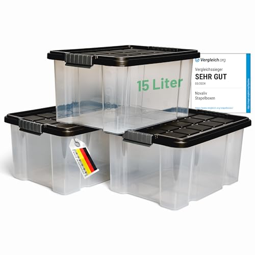 Novaliv 3x Aufbewahrungsboxen mit Deckel 15L Anthrazit Nestbar stapelbare Storage boxes mit Clipverschluss Kunststoffbox BPA-frei 41 x 29 x 20 cm