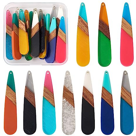 Crafans Anhänger aus Harz & Walnussholz, Schmuckherstellung und DIY-Handwerkskunst, Erwachsene, Unisex, Bohème, Natur, 20 Stück, 10 Farben, 53.5 x 11 x 3.5 mm, Tropfenförmig, nicht faltbar