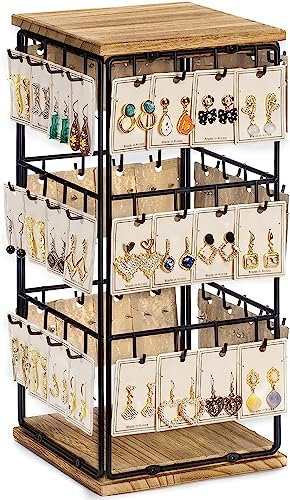 Emfogoo Support Boucle d'oreille, Presentoir Boucle d'oreille avec 48 Trous, Porte Bijoux 18.5x18.5x40cm, Rangement Bijoux & Presentoir Bijoux Femme (Métal & Bois)