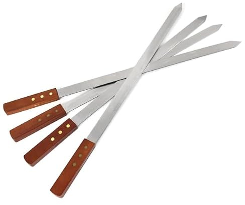 BML 4 Pcs Flat Kebab Skewers | Stainless Steel Heavy Duty Reusable Turkish BBQ Grilling Skewers with Wooden Handle | Perfect for Kebab, Kebob and Shish (24 mm Wide)