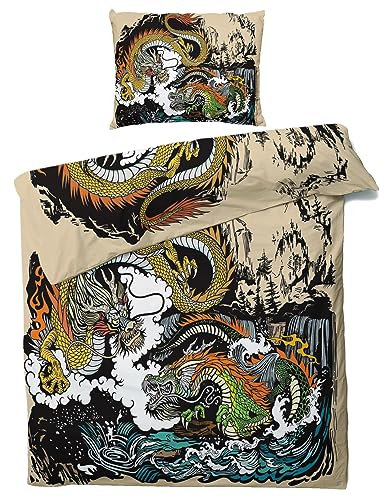 MOBEITI Housse de Couette 240 x 260 Chinoise, Parure de Lit 2 Personnes Motif Dragon Tigre Japonaise, 100% Microfibre, 2 Taies d'oreiller 65x65, avec Fermeture Éclair - Asiatique 16