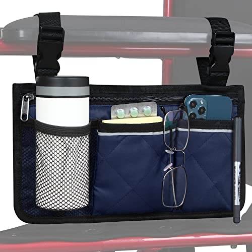 Rollstuhlaufbewahrungstasche Armlehnentasche mit Becherhalterung und reflektierendem Streifen, für die meisten Rollstühle, Gehhilfen oder Rollatoren (Blau)