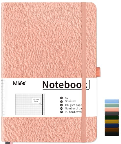 Mlife Notizbuch A5 Kariert,200 Seiten Notizbücher Hardcover,Premium 100gsm Tintenfestes Papie Dickes,PU Hard Cover Notebook,Innentasche,Elastisch Gebändert,Bullet journal&Notizblock,Tagebuch(Rosa)