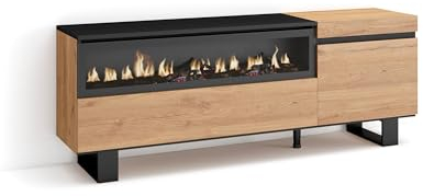 Skraut Home | TV-Schrank, Lowboard | für Wohnzimmer und Esszimmer | 150x57x35cm | Für TV-Geräte bis zu 65 | Elektrokamin. Maße | Industriedesign | Moderner Stil | Eiche Schwarz