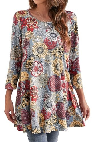 Enmain Dam vardaglig tunika topp 3/4 långärmad lång ärm lång blus damer gunga tunika topp lös blus t-shirt rund hals stretch bekväm semester