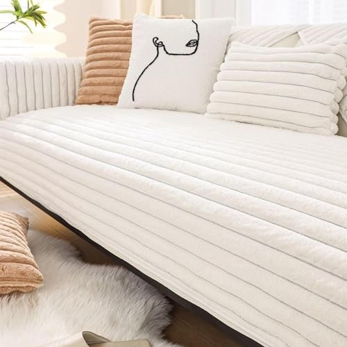 XRDSHY Plüsch Sofabezug, Superweiche rutschfeste Sofaschoner, Waschmaschinenfest l Form 4/3/2/1 Sitzer Ecksofa Sofa Überzug, Sofaschutz Vermeidung Kratzern durch Hunde Katzen,White3-70x180cm