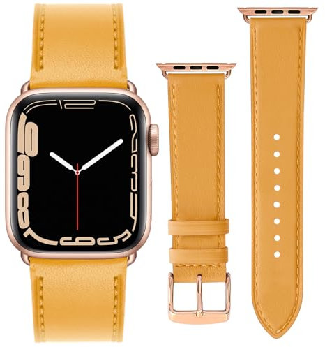 ONET8O Leather Strap Compatible with Apple Watch Series Genuine Leather Replacement Band for iWatch 38/40/41/42/44/45/49mm for Women and Men Rose gold Adapters-42/44/45/49mm Yellow