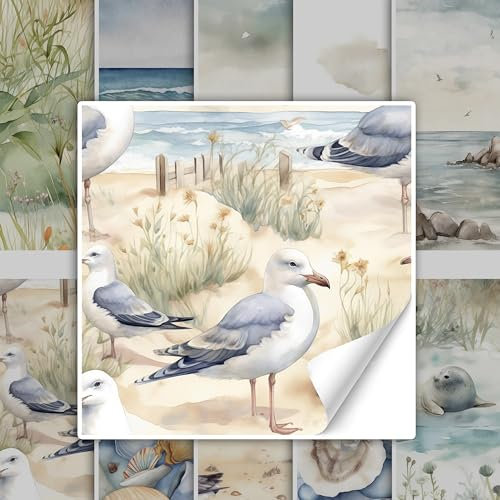 GRAZDesign Fliesenaufkleber Bad & Küche, maritim Strand mit Möwen Watercolor, Klebefliesen selbstklebend - 20x20cm / 10 Stück
