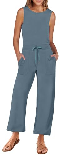 RMBLYfeiye Jumpsuit Damen Sommer 2 Teiler Damen Jumpsuit Schwarz Damen Einfarbiges Rundhals Ärmelloser Jumpsuit 7/8 Hosen Elegant Overall Mit Taschen Outfit Damen (Blau, Xs)