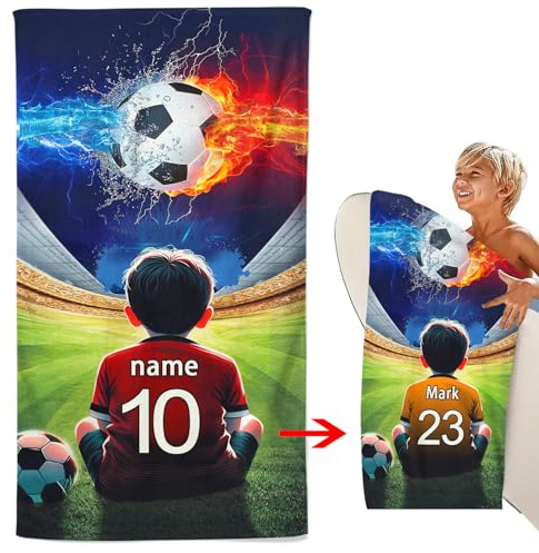 CHEFFS Personalisiert Fußball Strandtuch Mit Namen, Personalisiertes Fußball Handtuch Mit Namen Badetuch Mikrofaser Strandtuch 70x140cm Badetuch Handtuch Saunatuch Fußball (90 x 180 cm,1)
