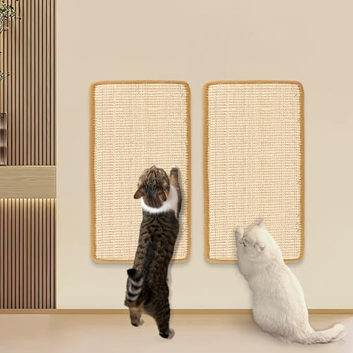 Kratzbrett Katzen, 2er Set Katzenkratzmatte [60 × 25cm] - Sisal Katzenkratzmatte Kratzmatte für Katze mit Klebeband, Schützt Teppiche und Sofas für Wand und Ecke, Beige