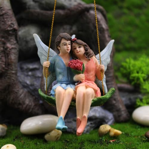 Purple Star Fairy Figures Miniature Fairy Ornaments Flower Fairies Figurines for Garden Accessories Outdoor Little Fairy On Swing Hanging Small Fairy Statue Decorations Resin Gifts Blue