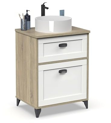 MUEBLES PITARCH | Mueble de Baño 60cm Ancho con Patas, Cajón guías Cierre Suave, 1 Puerta, para Lavabo de sobreponer, Blanco y Roble Cambrian, Estilo Vintage Modelo Toscana