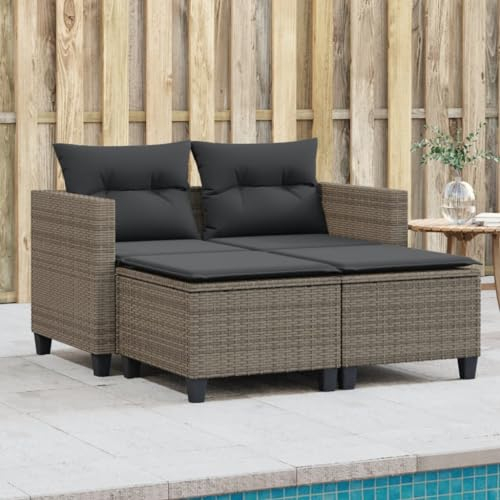 Keyroto Gartensofa Loungesessel Outdoor Balkon Sofa Outdoor Sofa Gartensofa 2-Sitzer mit Hockern Poly Rattan Grau